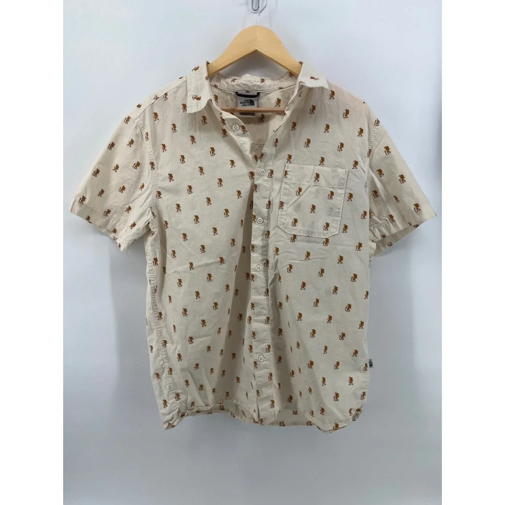 The North Face Mens Large Cream Hiker Print Short Sleeve Button Down Shirt